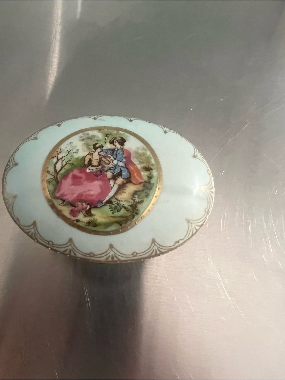 Porcelain Trinket Box with Romantic Courting Scene - White & Pink